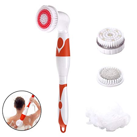 Rerii 4 in 1 Electric Shower Brush with Long Handle, Waterproof Body Massage Bath Brush Cleaning Kit with 4 Brush Heads, Battery DO NOT Include