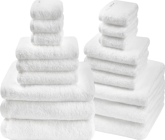 SEMAXE 18-Pack Bath Towel Set Include 6 Bath Towels, 6 Hand Towels, 6 Wash Cloths, 100% Cotton Bathroom Towels with Hanging Loops and Nano-Bio Lifecycle Labels, Soft and Absorbent Towel, White