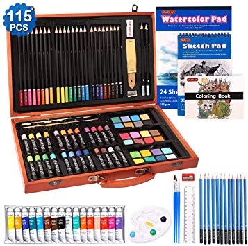 Art Set, 115 Piece Shuttle Art Art Supplies in Wooden Case, Painting Drawing Art Kit with Acrylic Paint Colored Pencils Oil Pastels Watercolor Cakes Coloring Book Watercolor Sketch Pad for Kids Adults