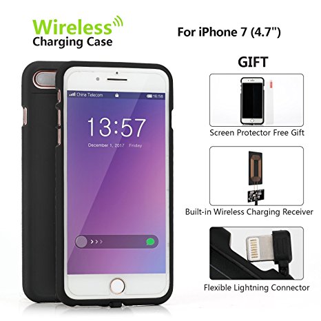 ONine Wireless Charging Receiver Case for iPhone 7, QI Wireless Charger Case Back Cover with Flexible Lightning Connector, QI Charging case with Screen Protector - 4.7" Black