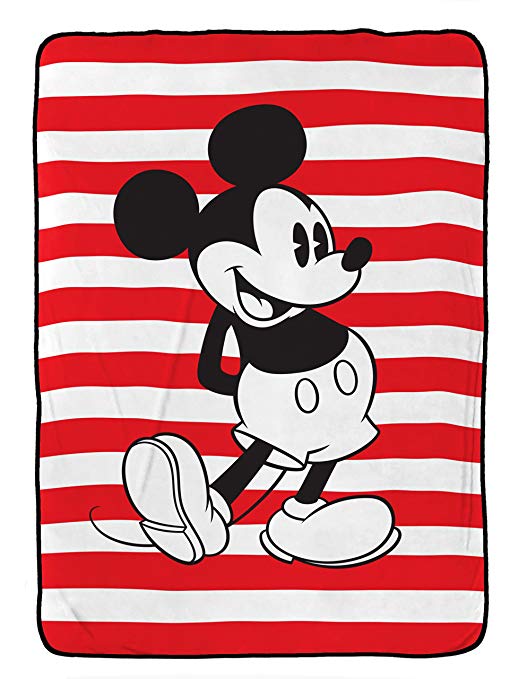 Disney Mickey Mouse Jersey Stripe Red/White Plush 62" x 90" Twin Blanket (Official Disney Product)