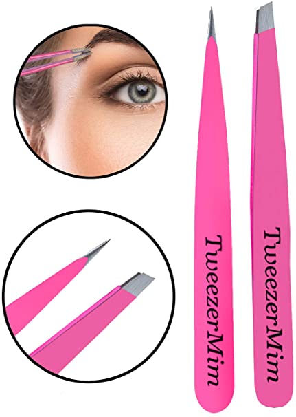 TweezerMiM Stainless Steel 2-Piece Tweezers - Pure Leather Pouch - Rose Pink Professional Eyebrow Tweezers | Precision Hair Tweezers | Best for Plucking Chin Facial Hair, Money Back Guarantee
