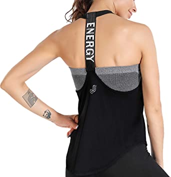 JNINTH Women's Sports Top Fitness Yoga Shirt Running T-Shaped Back Quick-Drying Loose Workout Tank Top