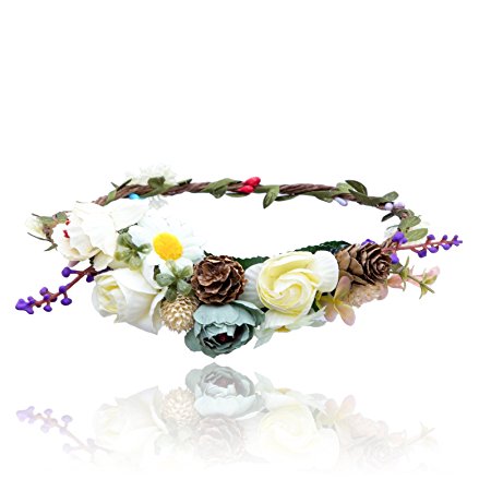 AWAYTR Bohemia Flower Crown Headband -Exquisite Pinecone Leaf Berry Flower Headband Flower Halo Wreath (Blue Cream white)