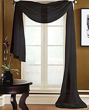 Gorgeous Home 1 PC Solid Black Scarf Valance Soft Sheer Voile Window Panel Curtain 216" Long Topper Swag