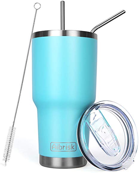 Aibrisk 30 oz Tumbler, Stainless Steel Vacuum Insulated Travel Mug Set with Slid Lid,2 Straws & Brush,Coffee Cup For Ice Drink & Hot Beverage (Blue)