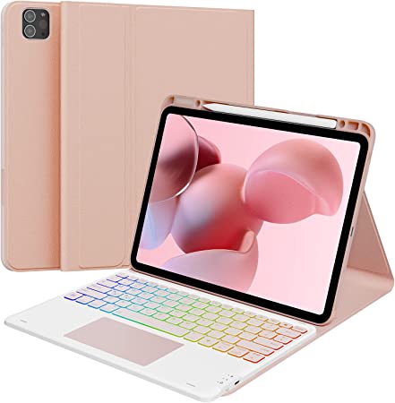 GreenLaw Touch iPad Pro 12.9 (6th/5th/4th/3rd Gen.) Case with Keyboard- 3-Zone 7 Color Backlit, Skin/semiSi-tech Case, Smart Touchpad, Dual-Device Connection Keyboard for iPad Pro 12.9, Rose Gold