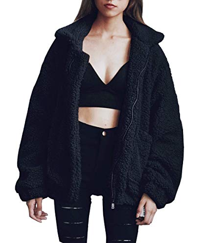 PRETTYGARDEN Women's Fashion Long Sleeve Lapel Zip up Faux Shearling Shaggy Oversized Coat Jacket with Pockets Warm Winter