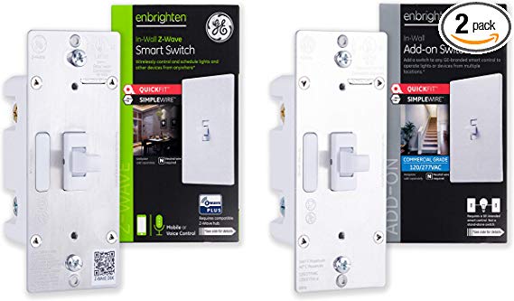 GE Enbrighten Smart in-Wall Toggle Add-On Switch with QuickFit and SimpleWire 3-Way Kit, Z-Wave Hub Required, Works with Ring Alarm, Alexa and More, 47864, White