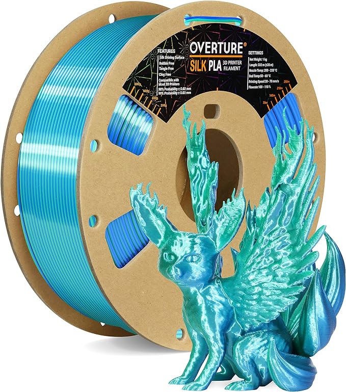 OVERTURE Silk PLA 1.75mm Dual Color Filament, Clog-Free Shiny 3D Printer Filament, 1kg Spool(2.2lbs), Dimensional Accuracy  /- 0.03 mm, Fit Most FDM Printer(Silk Green-Blue)