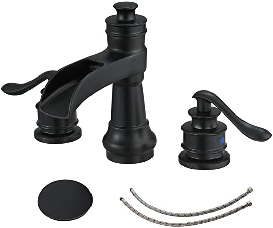 Greenspring Widespread Bathroom Sink Faucet 8-16 inches 3 Holes Two Handle Matte Black Waterfall With Pop Up Drain Assembly Stopper Faucets Bath Vanity Farmhouse Lavatory With Overflow Commercial