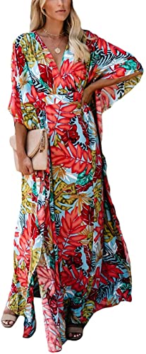 Bsubseach Women Bathing Suit Cover Up Ethnic Print Kaftan Beach Maxi Dresses