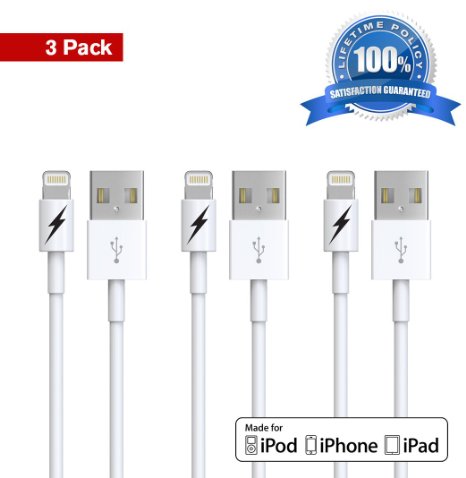 Certified iPhone 5 and 6 Charging Cable Lightning Cord - Genuine Authentication Chip Ensures Fastest Charge and Sync For Latest iPads iPods and IOS Devices 2x1 Meter33 Feet Lifetime Guarantee 3 PACK