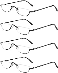 KoKoBin Half Reading Glasses - 4 Pairs Half Rim Metal Frame Glasses Spring Hinge Readers for Men and Women, Black 2.00