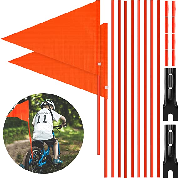 Tatuo 2 Sets Bike Flags with Pole, 6 Feet Height Adjustable Waterproof Orange Safety Flag Sturdy Fiberglass Bicycle Flag Pole for Kids Outdoor Cycling Supplies (Orange and Red,)