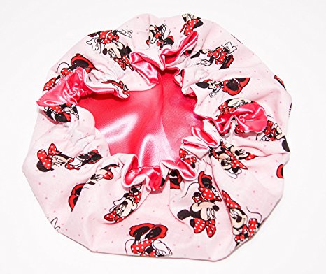 (Newborn - Toddlers Reversible Satin Bonnet MINNIE MOUSE - SHOCKING PINK Lined) HANDCRAFTED for Newborn to age 3