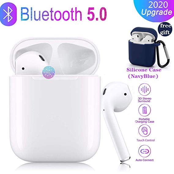 Bluetooth 5.0 True Wireless Earbuds with Wireless Charging Case Waterproof Earbuds 30 Hours Playtime TWS Stereo Headphones Built-in Mic Earbuds Premium Sound with Deep Bass for Apple Airpods (White)