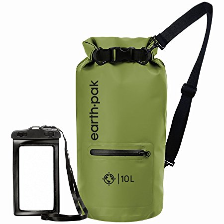 Earth Pak- Waterproof Dry Bag with Front Zippered Pocket Keeps Gear Dry for Kayaking, Beach, Rafting, Boating, Hiking, Camping and Fishing with Waterproof Phone Case