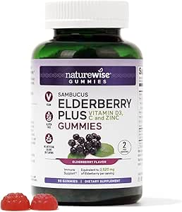 NatureWise Elderberry Gummies with Vitamin C   D3   Zinc - Equivalent to 3,250mg Premium Sambucus Elderberries - Immune Support for Kids* & Adults - Vegan, Non-GMO - 90 Count[45-Day Supply]