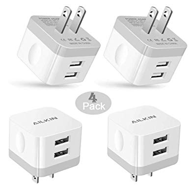 AILKIN USB Wall Charger, 4-Pack 2.4A Universal Dual Port USB Cube Portable Power Adapter Charger Home Travel Plug Fast Charging Block Adapter for iPhone XR XS MAX X/8/7, iPad, Samsung, LG, More