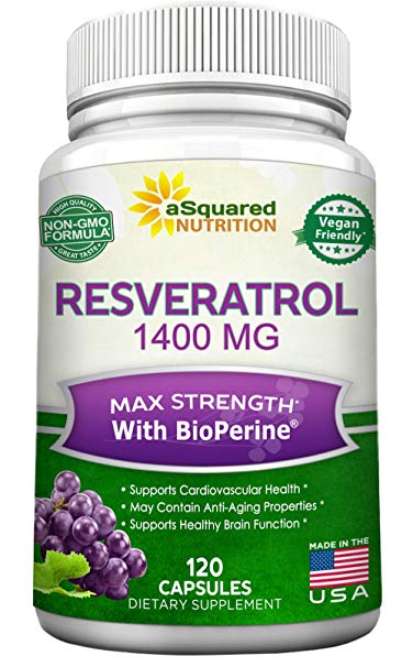 Resveratrol 1400mg with BioPerine Supplement - Max Strength Trans-Resveratrol Formula for Anti Aging & Heart Health - 120 Vegan Capsules w/Red Wine & Grape Seed Extract, Green Tea Leaf & Acai Berry