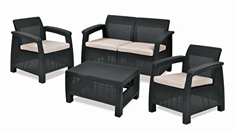 Keter Corfu Outdoor 4 Seater Rattan Sofa Furniture Set with Accent Table - Graphite with Cream Cushions