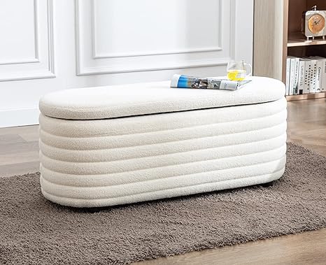 Kmax Storage Bench Faux Fur Entryway Bench Upholstered Ottoman Bench for Bedroom Living Room Hallway, White