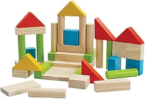 PlanToys Wooden Building Blocks - 40 Unit Blocks Natural and with Color (5513) | Sustainably Made from Rubberwood and Non-Toxic Paints and Dyes