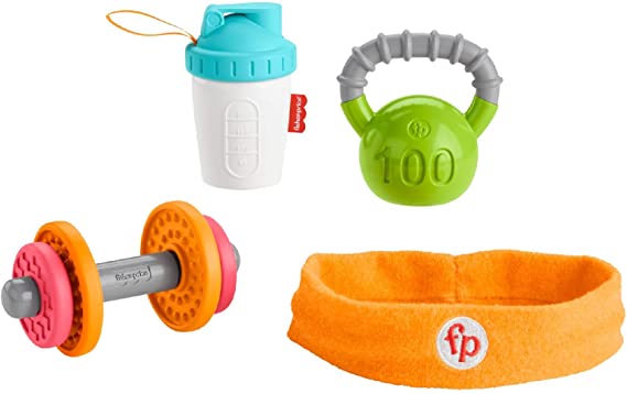 Fisher-Price Baby Biceps Gift Set, 4 fitness-themed baby toys with wearable costume bib, rattle and teether for babies ages 3 months and older