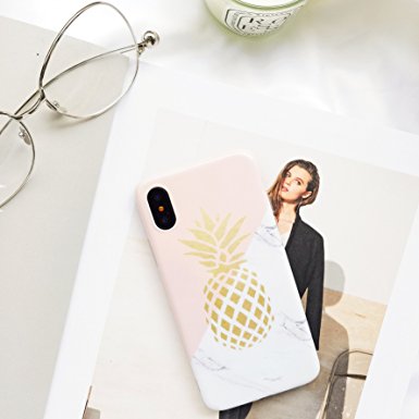 iPhone X Case for Girls, Flexible Soft Slim Fit Full Protective Cute Shell Phone Case with Marble and Golden Pineapple Pattern for iPhone X 5.8 Inch (Marble Pineapple)