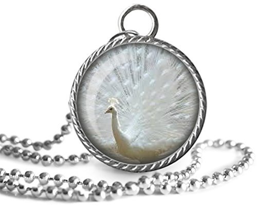 White Peacock Necklace, Beautiful Art, Bird Image Pendant Key Chain Handmade