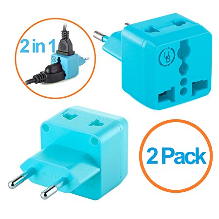 European Plug Adapter by Yubi Power 2 in 1 Universal Travel Adapter with 2 Universal Outlets - 2 Pack - Light blue - Type C for Europe, France, Germany, Russia, Spain & more..