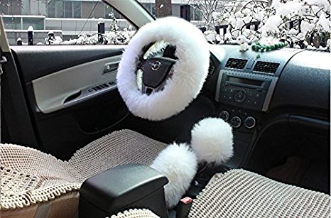 Generic 3pcs 1 Set Fuzzy Steering Wheel Cover Car Accessories, Winter Warm Wool Handbrake Cover and Gear Shift Cover for Girl Universal Fit Most Car (White)