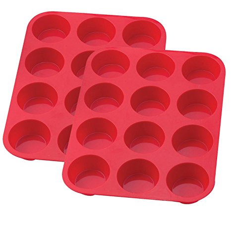 Sorbus 12 Cup Silicone Muffin and Cupcake Baking Pans, Non-Stick, Easy To Clean, Oven/Microwave/Dishwasher/Freezer safe, Heat Resistant Up To 450°F, Red (2 PACK)