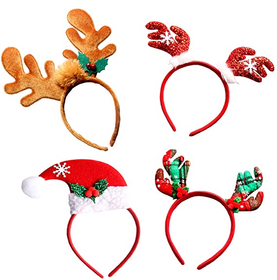 Christmas Headbands, Jeniulet 4 Pack Reindeer Antler and Santa Hat Headband Hats for Kids Adults