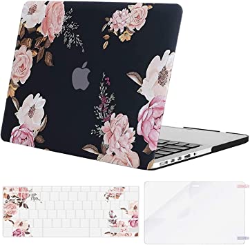 MOSISO Compatible with MacBook Pro 13 inch Case 2015 2014 2013 end 2012 A1502 A1425 with Retina Display, Protective Plastic Peony Hard Shell Case & Keyboard Cover Skin & Screen Protector, Black