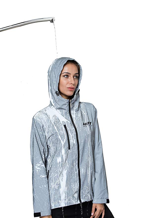 AKFLY Reflective Jacket with Hoodie and Waterproof Wind Breaker for Men Women Hiking Cycling Running Safety Jacket Silver
