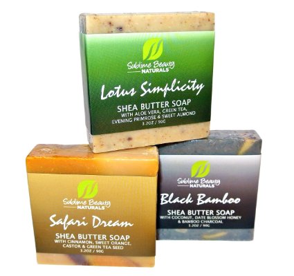 3 EXOTIC NATURAL SOAPS in an Organza Bag 32 oz Each Shea Butter  Essential Oils Soft Moisturizing and Decorative For Face and Body