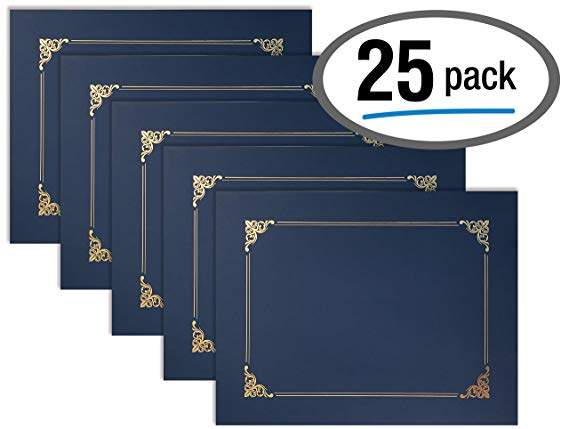 25 Pack Navy Blue Certificate Holders, Diploma Holders, Document Covers with Gold Foil Border, by Better Office Products, for Letter Size Paper, 25 Count, Blue