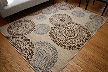 New City Contemporary Modern Flowers Circles Wool Area Rug, 5'2 x 7'3, Beige