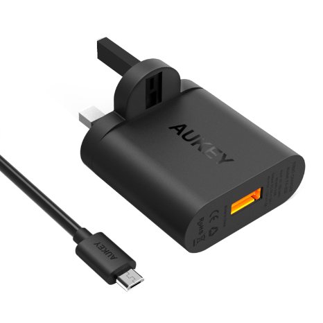 AUKEY Quick Charge 2.0 Wall Charger 18W Single Port USB Turbo for Samsung Galaxy S6, S6 Edge and more (Included a 20AWG 3.3ft quick charge micro USB Cable) -Black
