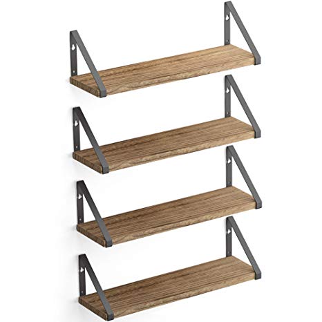 Wallniture Flexy Floating Shelves Wall Mounted Set of 4, Storage Shelves for Kitchen and Pantry, Natural Burned Rustic Wood Wall Decor with Metal Floating Shelf Bracket