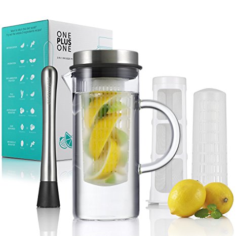 Superior Thermal Shock Resistant 3 in 1 Fruit Infusion Borosilicate Glass Pitcher | Hot/ Cold Brew Coffee & Tea Maker | FREE Recipe & Mojito Muddler | Stainless Steel Lid | 34oz | BPA Free by OPOD