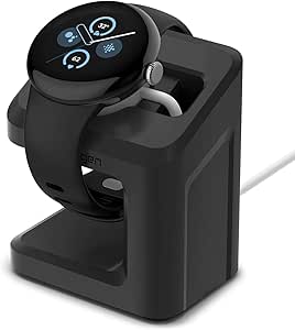 Spigen S355 Stand Compatible with Google Pixel Watch 3 45mm/41mm (2024), 2 (2023) Charger Stand Durable TPU with Non-Slip Stable Base - Black