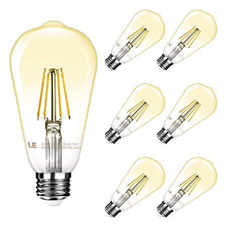 LE Dimmable Edison Style Vintage LED Filament Candle Bulb 4W (40W Equivalent) ST64 Light Bulb LED Lighting, 300° Beam Angle, 350 Lumen Soft Warm White 2500K E26 Base, Pack of 6