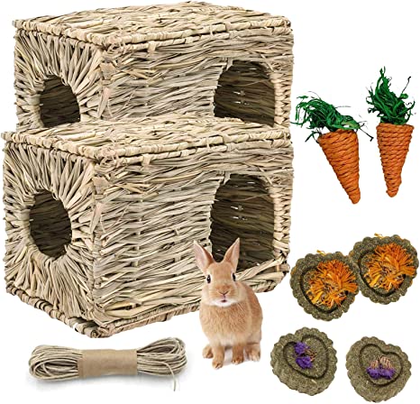 kathson 2 Pcs Rabbit Grass House Natural Foldable Hand Woven Seagrass Bed Carrot Hay Toy Hut Safe Comfortable Playhouse with Bunny Chew Toys for Bunny Hamster Guinea Pig Chinchilla Ferret