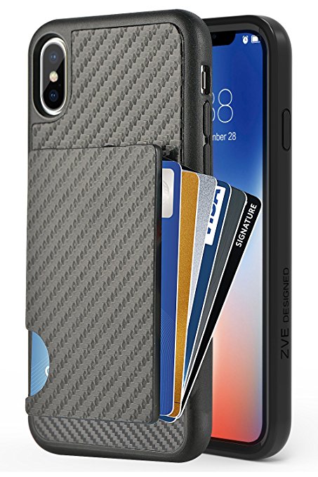 iPhone X Wallet Case, iPhone X Card Holder Case, ZVE Shockproof iPhone X Credit Card Grip Cover with Cardbon Fiber Design Money Pocket Slim Wallet Card Case for Apple iPhone X 5.8 Inch Black