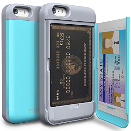 iPhone SE Case, TORU [CX PRO][Blue] Protective Hidden Wallet Case with [Card Slot][ID Holder][Mirror] for iPhone 5 / 5S / iPhone SE - Cyan