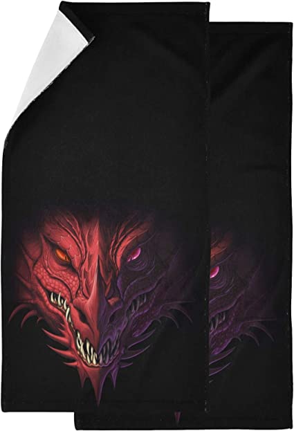 Naanle 3D Magic Angry Red Dragon Head Print Soft Fluffy Guest Set of 2 Hand Towels, Multipurpose Decor for Bathroom, Hotel, Gym and Spa (14" x 28",Black)