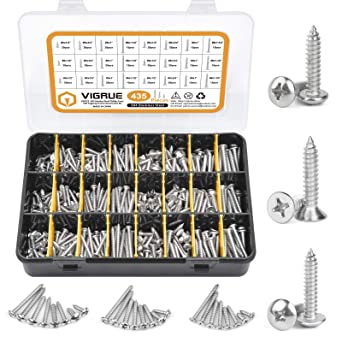 VIGRUE 435PCS #6x1/2 to 1-1/2 and #8x1/2 to 1-1/4 304 Stainless Steel Phillips Drive Wood Screws Self Tapping Screws Assortment Kit, 3 Types of Head (Truss,Flat and Pan Head)